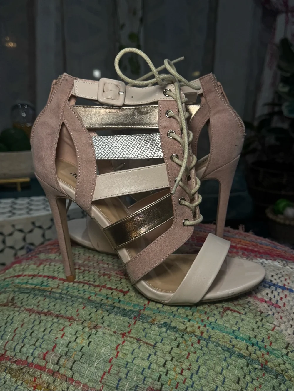 🪩🩰 Women's Strappy Lace-Up High Heel Stilleto Sandals in Blush and Metallic 🩰🪩